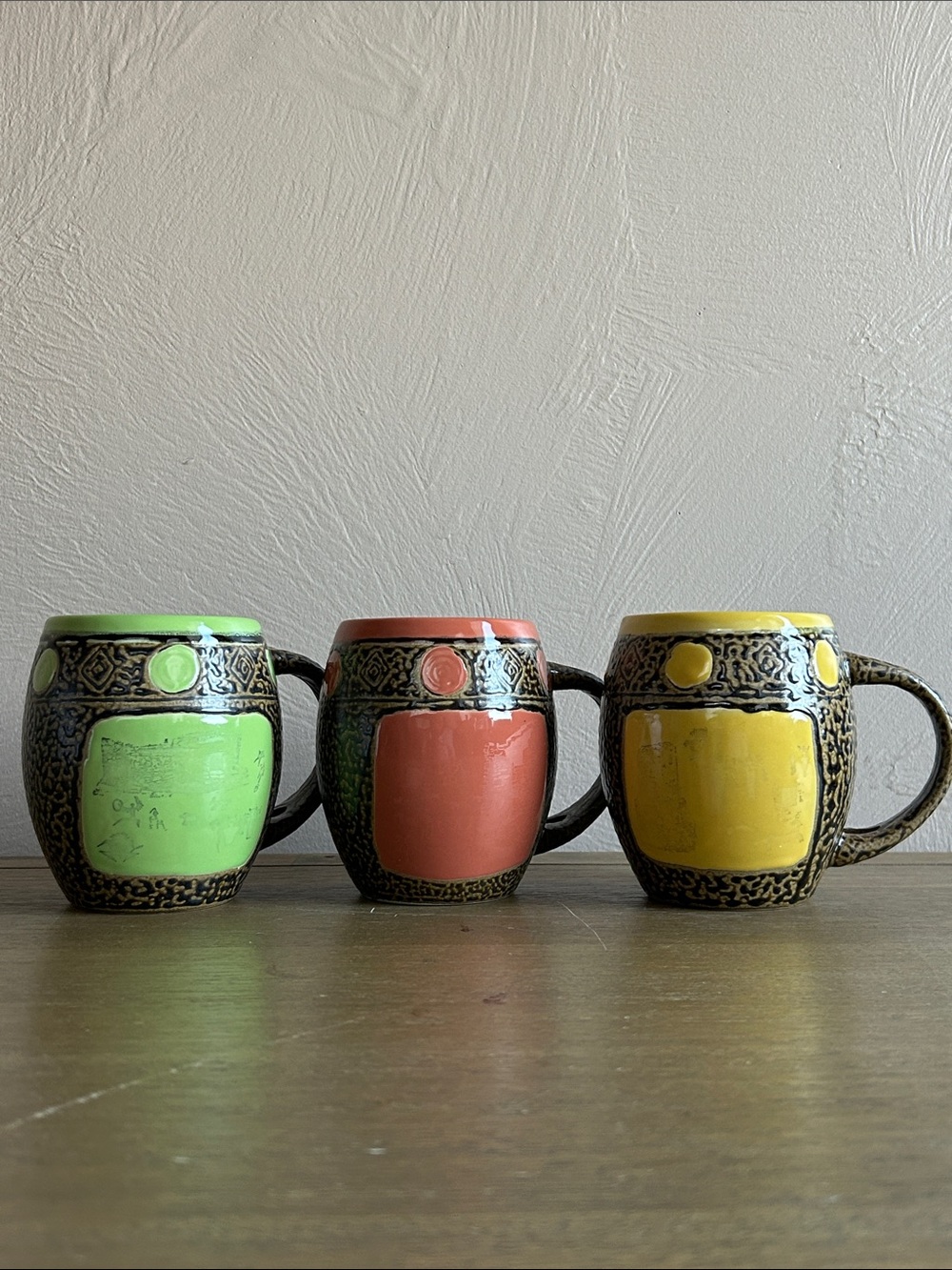 Always Azul 3 Pottery Orange  Yellow And Green Color Mugs. Handcrafted in USA.